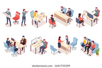 Recruitment agency workers in isometric view. HR workers recruit candidate or hire applicants. Job interview for vacant place. Man and woman having conversation with unemployment. Job search icon