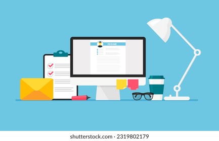 Recruitment agency workspace. Workplace of HR specialist with cv resume on monitor. Search and select professional staff. Job interview, employment.