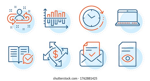 Recruitment, Approved Documentation And Payment Exchange Signs. Diagram Chart, Time Change And Notebook Line Icons Set. View Document, Approved Mail Symbols. Presentation Graph, Clock. Vector