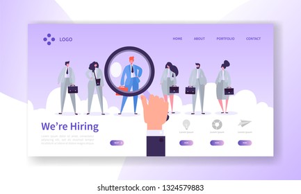 Recruitment Best Candidate Concept Landing Page. HR Searching for New Candidate. Hand Hold Magnifier Select Individual Person from Group of People Website or Web Page. Flat Cartoon Vector Illustration