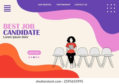 Recruitment Best Candidate Concept Landing Page. HR Searching for New Candidate. Business woman sitting in a row of chairs with tablet. Vector flat illustration. Website or Web Page.