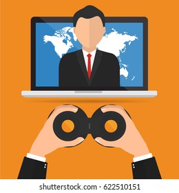 Recruitment with binocular looking a candidate internet jobs online position. Vector illustration customer relationship management (CRM) and headhunter human resources concepts.