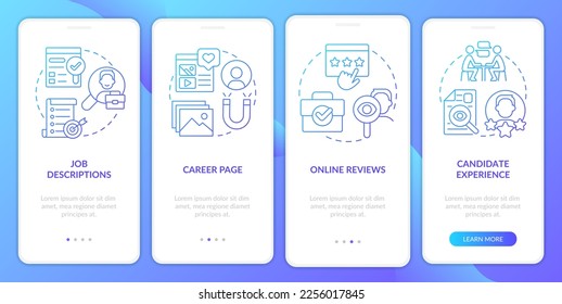 Recruitment blue gradient onboarding mobile app screen. Finding talent walkthrough 4 steps graphic instructions with linear concepts. UI, UX, GUI template. Myriad Pro-Bold, Regular fonts used