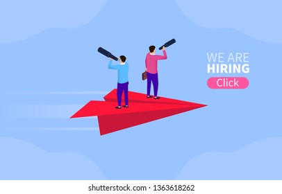 Recruitment business concept, career development and future plan, businessman holding telescope standing on paper plane