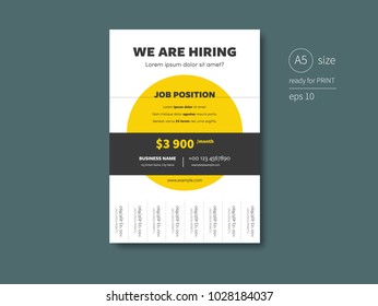 A recruitment business flyer layout in yellow and dark color with bottom contact papers which can be teared off.
