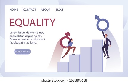 Recruitment And Business Sexism Concept. Unfairness And Career Problem Of Woman. Glass Ceiling And Gender Wage Gap. Businesswoman Climbing A Career Ladder. Isolated Vector Illustration