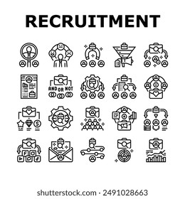 recruitment business work job icons set vector. people corporate, recruit interview, hr office, handshake company, manager meeting recruitment business work job black contour illustrations