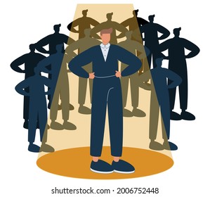 Recruitment candidate choice with spotlight to selection tiny person concept. Best option for human resources with skills, experience and CV vector illustration. Head hunting vision and crowd analysis