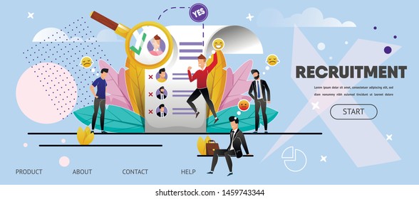 Recruitment. Candidate. Getting Job. Landing Page. List Employees Looking Job. Happy Guy, Specialist Got New Position, Other Candidates Upset. Website, Banner Recruitment Agency. Vector Illustration