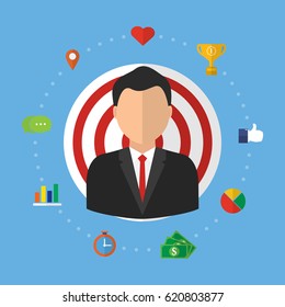 Recruitment candidate job position with target. Vector illustration customer relationship management (CRM) and headhunter human resources concepts.