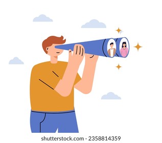 Recruitment and candidate searching HR concept. HR manager looks through binoculars to find a candidate for a position, fills job vacancy. People find way to advance career vector