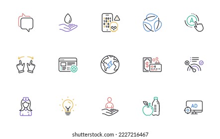 Recruitment, Card and Ab testing line icons for website, printing. Collection of Healthy food, Messenger, No internet icons. Electricity, Energy, Favorite web elements. Cyber attack. Vector