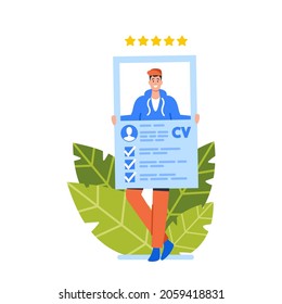 Recruitment and Choosing Candidate Concept. Seeker Characters Having an Interview, Job Applicant Waiting Appointment with CV in Hands. Working Employment Process. Cartoon People Vector Illustration