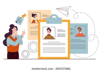 Recruitment choosing resume head hunting concept. Vector flat hand drawn illustration