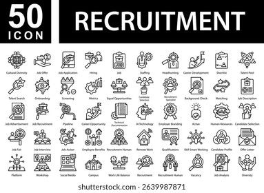 Recruitment Collection of Icons with Outline Style Containing: Cultural Diversity  ,Job Offer  ,Job Application  ,Hiring  ,Job  ,Staffing  ,Headhunting  ,Career Development  ,Shortlist  ,Talent Pool  