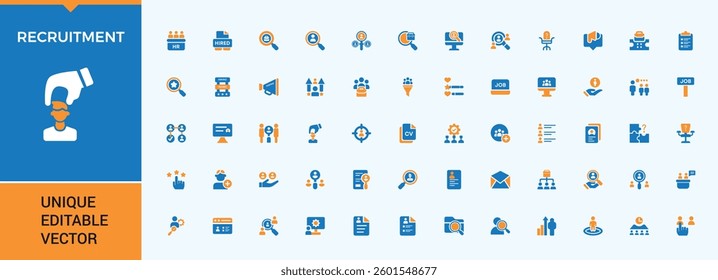 Recruitment colorful icon collection. Pack of headhunting, human resource, hiring, recruit, career, interview and more. Perfect for logos and infographic. Job filled icon collection. Editable vector.
