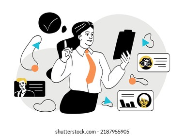 Recruitment at company. Young girl evaluates candidates for vacancy, woman reads resume. Head hunting human resources. Organization staff expansion metaphor. Cartoon flat vector illustration