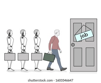 recruitment. competition between humans and robots. lack of jobs. vector illustration.