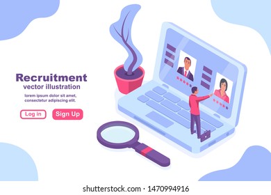 Recruitment concept 3d icon. Human resources. Minimal businessman is standing on laptop in search employer resume staff selects candidates. Vector illustration isometric design. Head hunter.