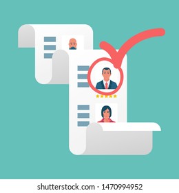 Recruitment concept. Approval of the candidate. Human resources. Red mark on a successful businessman. Search resume staff selects candidates. Vector illustration flat design. Isolated on background.