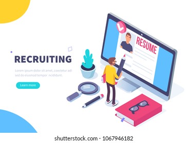 Recruitment concept banner with character. Can use for web banner, infographics, hero images. Flat isometric vector illustration isolated on white background.
