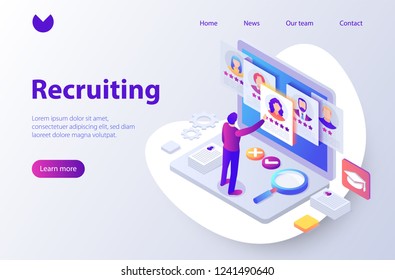 Recruitment concept banner with character. Can use for web banner, infographics, hero images. Flat isometric vector illustration isolated on white background.