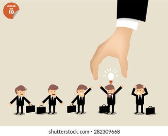 recruitment concept, business man choosing worker who has idea from group of business people.