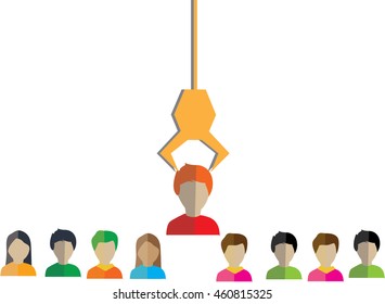 recruitment concept, business man choosing worker who has idea from group of business people.