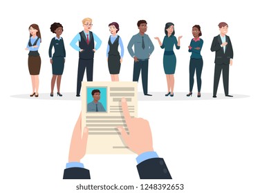 Recruitment concept. Business people candidates interview. Businessman holds cv resume. Employment and career vector background