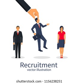 Recruitment concept. Businessman employer chose a man from the group of people candidates. Vector illustration flat design. For banner, presentation, social media, web page, posters. Human resources. 
