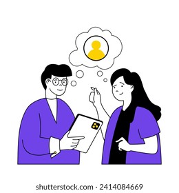 Recruitment concept with cartoon people in flat design for web. Woman and man discussing new candidate to open vacancy and contract. Vector illustration for social media banner, marketing material.