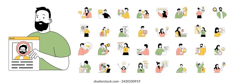 Recruitment concept with character situations mega set in flat web design. Bundle of scenes people finding candidates, searching cv applicants, hiring new employees in office. Vector illustrations.