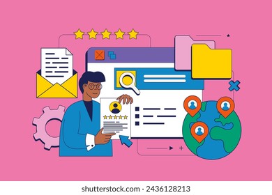 Recruitment concept in flat neo brutalism design for web. Man searching candidates for vacancy, searches best cv, hiring employees. Vector illustration for social media banner, marketing material.