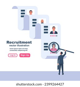 Recruitment concept. Human resources. Businessman employer search resume staff selects candidates. Vector illustration flat design. Isolated on white background. Head hunter hold magnifying glass.