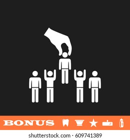 Recruitment concept icon flat. White pictogram on black background. Vector illustration symbol and bonus button tooth, vase, star, mirror, bottle