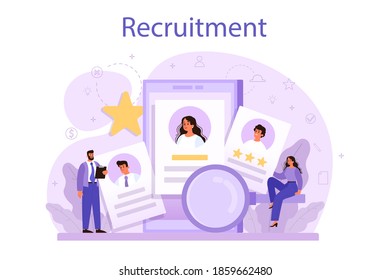 Recruitment concept. Idea of employment and job interview. Recruitment manager searching. Job candidate for a start up project. Vector illustration in cartoon style