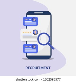 Recruitment Concept. Illustration Of Smartphone With Job Applicant's CVs On Screen Over Gray Background. Vector, Square