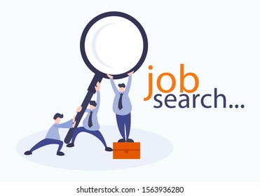 Recruitment Concept of job search flat vector with people workers business metaphor. Employees looking for jobs. Good for web page, banner, presentation, social media, documents, cards, posters.