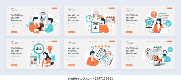 Conceito de recrutamento de página inicial com modelos de slide definidos em design plano. Cabeçalhos do site com pessoas encontrando equipe, pesquisando melhor cv on-line, entrevistando candidatos, contratando. Ilustrações vetoriais.