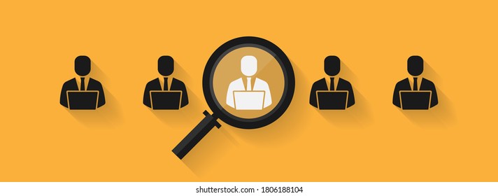 Recruitment Concept. Magnifying Glass Choosing One Of Job Applicants Over Orange Background. Vector Illustration, Panorama