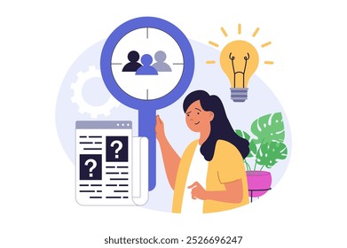 Recruitment concept in modern flat design for web. Woman with magnifier searching candidates in company staff, looking recruit resumes and approving for job interview in office. Vector illustration.