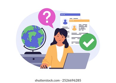 Conceito de recrutamento em design plano moderno para web. Mulher procurando candidatos na equipe da empresa, procurando currículos on-line para vaga, aprovando melhor recrutas cv para entrevista de emprego. Ilustração vetorial.