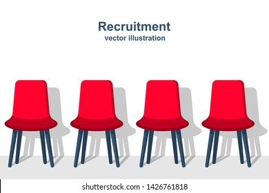 Recruitment concept. Row of chairs as a vacancy symbol. Job opportunity. Vector illustration flat design. Isolated on white background. Landing page career.