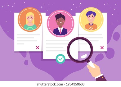 Recruitment concept. Search, choice of worker for company. Check professional experience candidate job vacancy. Personnel work. Headhunter employer. Hire or select employee. Vector illustration.
