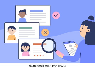 Recruitment concept. Search, choice of worker for company. Check professional experience candidate job vacancy. Personnel work. Headhunter employer. Hire or select employee. Vector illustration.
