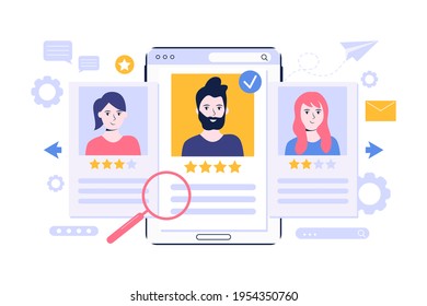 Recruitment concept. Search, choice of worker for company. Check professional experience candidate job vacancy. Personnel work. Headhunter employer. Hire or select employee. Vector illustration.
