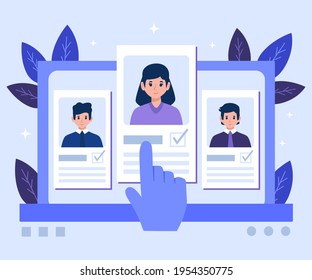 Recruitment concept. Search, choice of worker for company. Check professional experience candidate job vacancy. Personnel work. Headhunter employer. Hire or select employee. Vector illustration.
