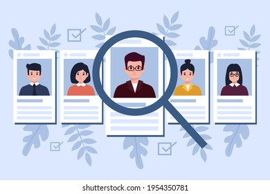 Recruitment concept. Search, choice of worker for company. Check professional experience candidate job vacancy. Personnel work. Headhunter employer. Hire or select employee. Vector illustration.
