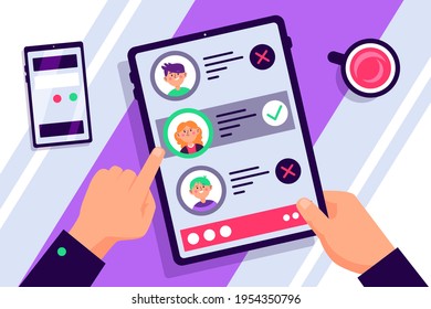 Recruitment concept. Search, choice of worker for company. Check professional experience candidate job vacancy. Personnel work. Headhunter employer. Hire or select employee. Vector illustration.
