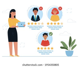 Recruitment concept. Search, choice of worker for company. Check professional experience candidate job vacancy. Personnel work. Headhunter employer. Hire or select employee. Vector illustration.
